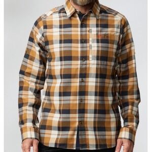 Fjallraven Fjallglim Shirt in Buckwheat Brown Dark Navy Plaid Flannel - Medium